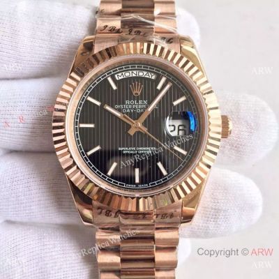 High Quality Fake Rolex Presidential DayDate 41 MM Watch MingZhu Movement Black Striped Dial Rose Gold